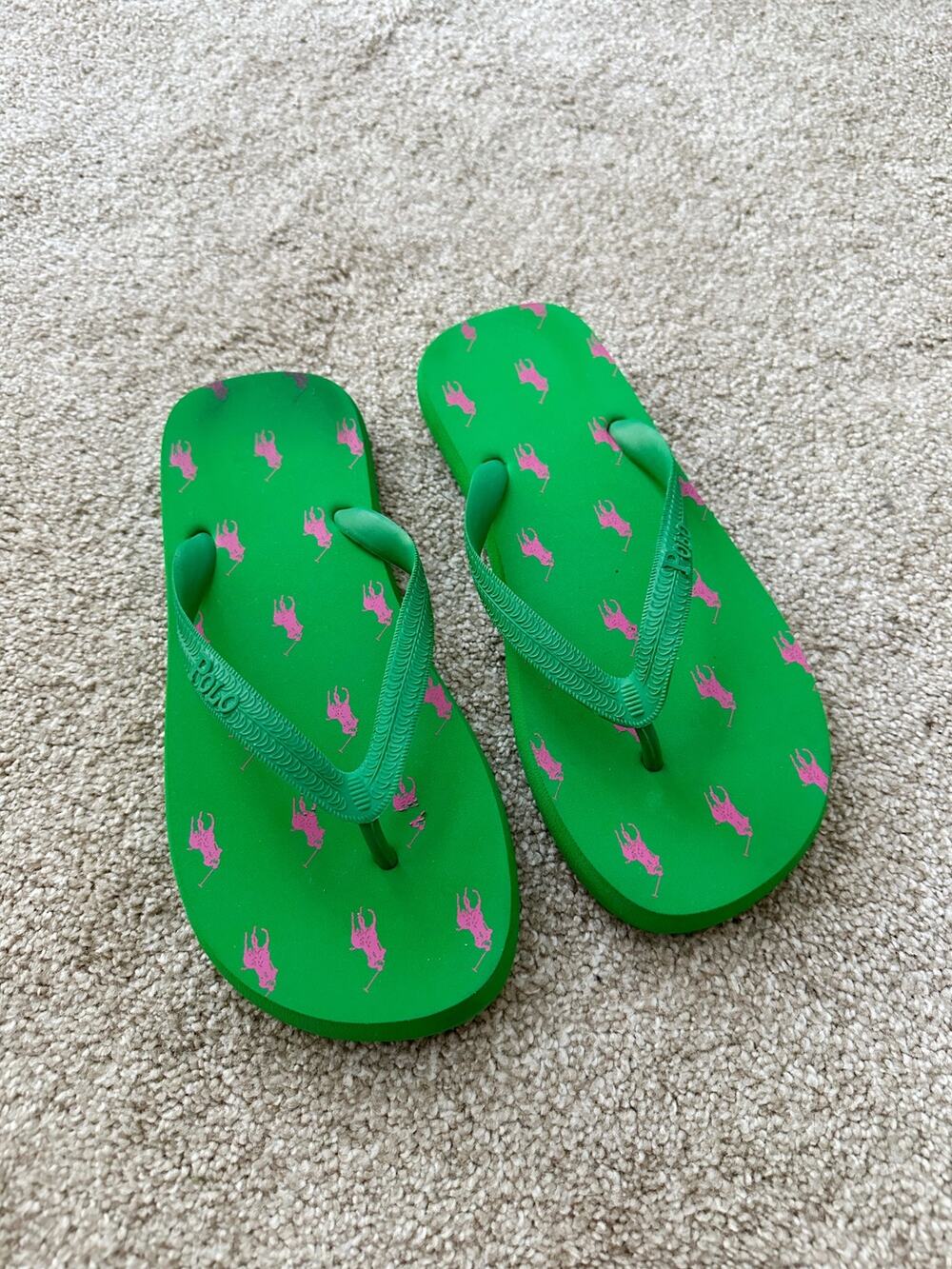Polo Ralph Lauren Vintage Y2K Green Pink Flip Flops Size 8